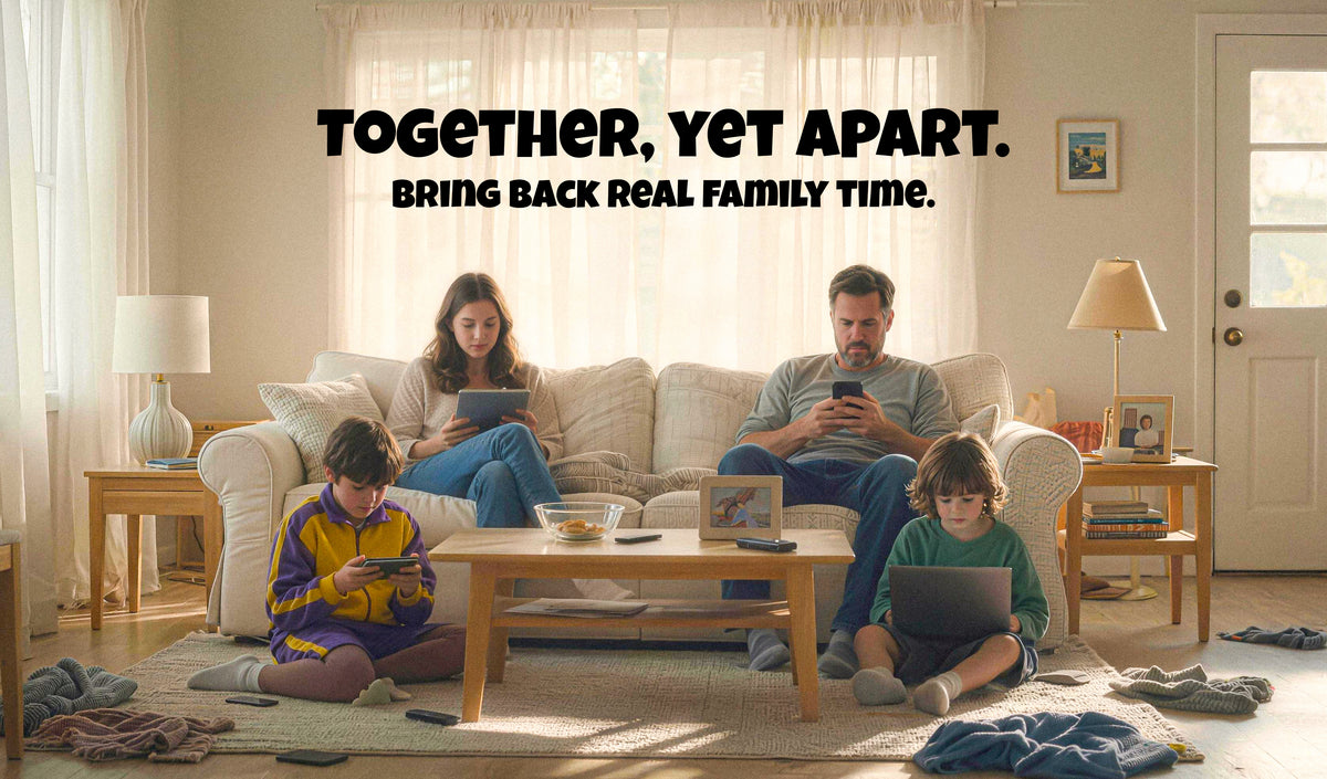 A family on the sofa, each on their own screen